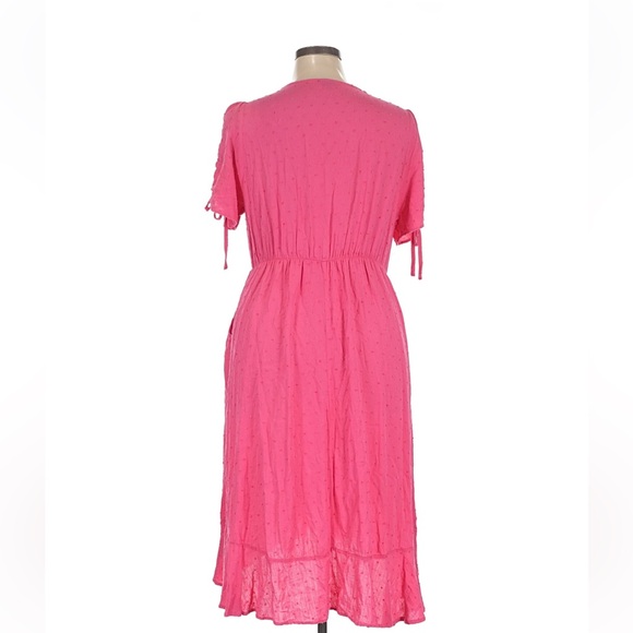 Torrid Midi Swiss surplice dress faux wrap Barbie pink ruched dress. Size 1x - Picture 3 of 4